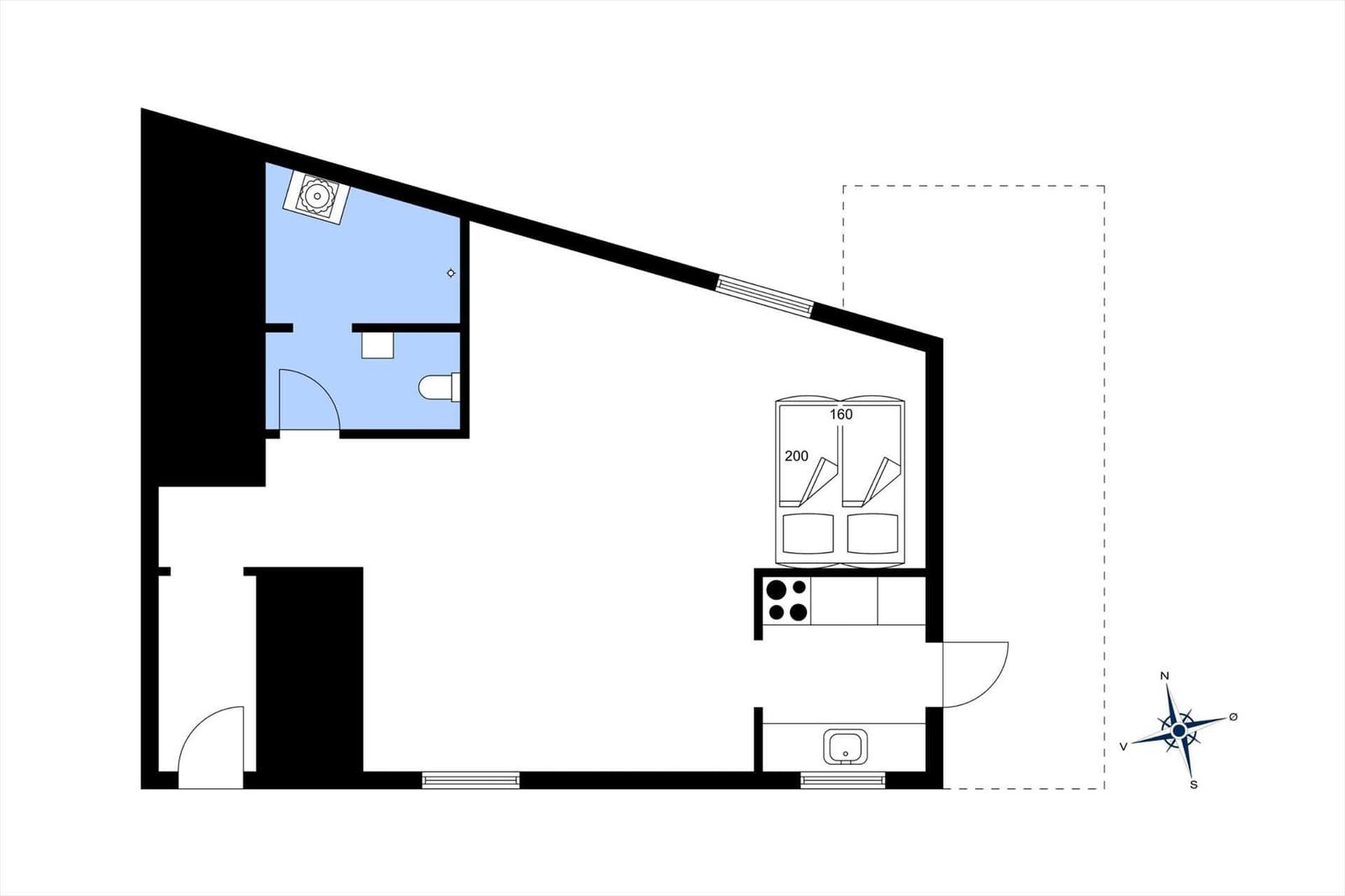 Apartment with kitchen, bathroom, and bedroom. Room heights and furniture are marked.