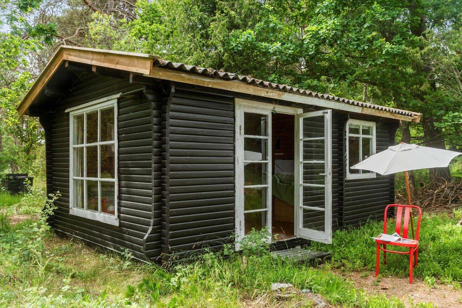 View through open door to garden and wooden house with seating area.