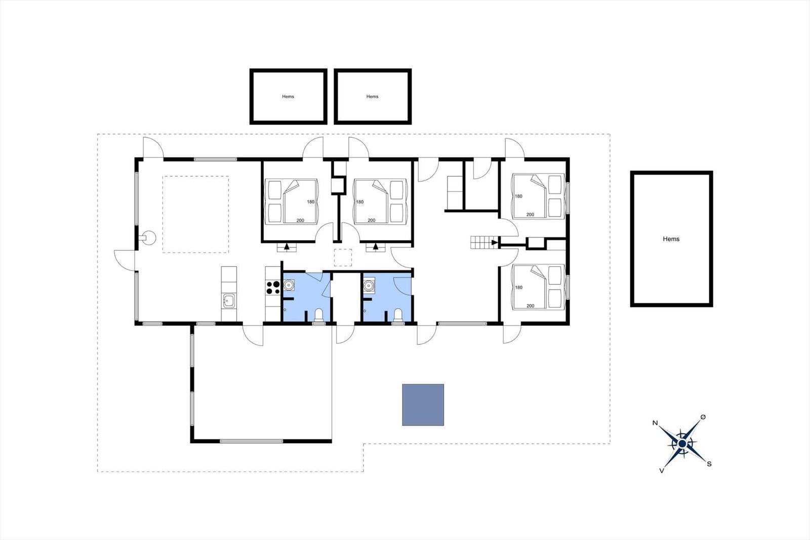 Functional floor plan with bedrooms, bathroom, and kitchen. Hems installations are shown.