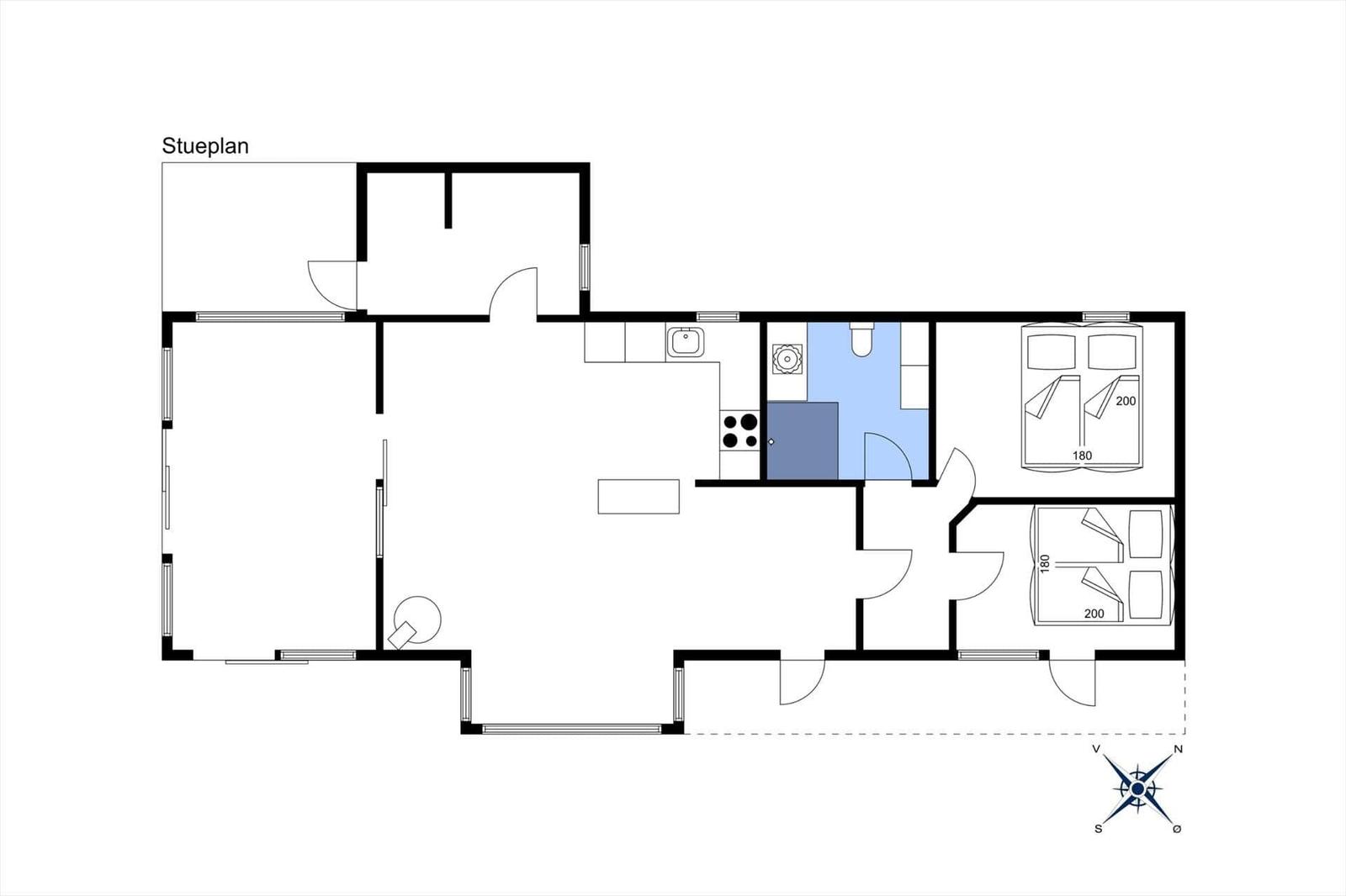 Two bedrooms each with one bed and a wardrobe. Compass shows north direction.