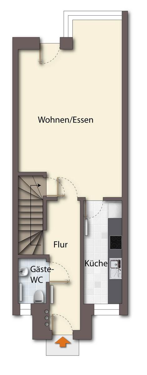 Rotes Backsteinhaus mit weißen Fenstern und Gartenweg. Hinterhof mit grünen Sträuchern.
