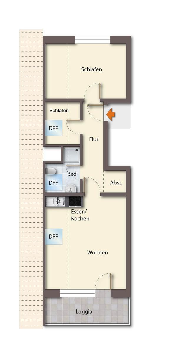 Zweistöckiges Backsteingebäude mit weißem Eingang und Fenstern, umgeben von Grünfläche und gepflastertem Vorplatz.
