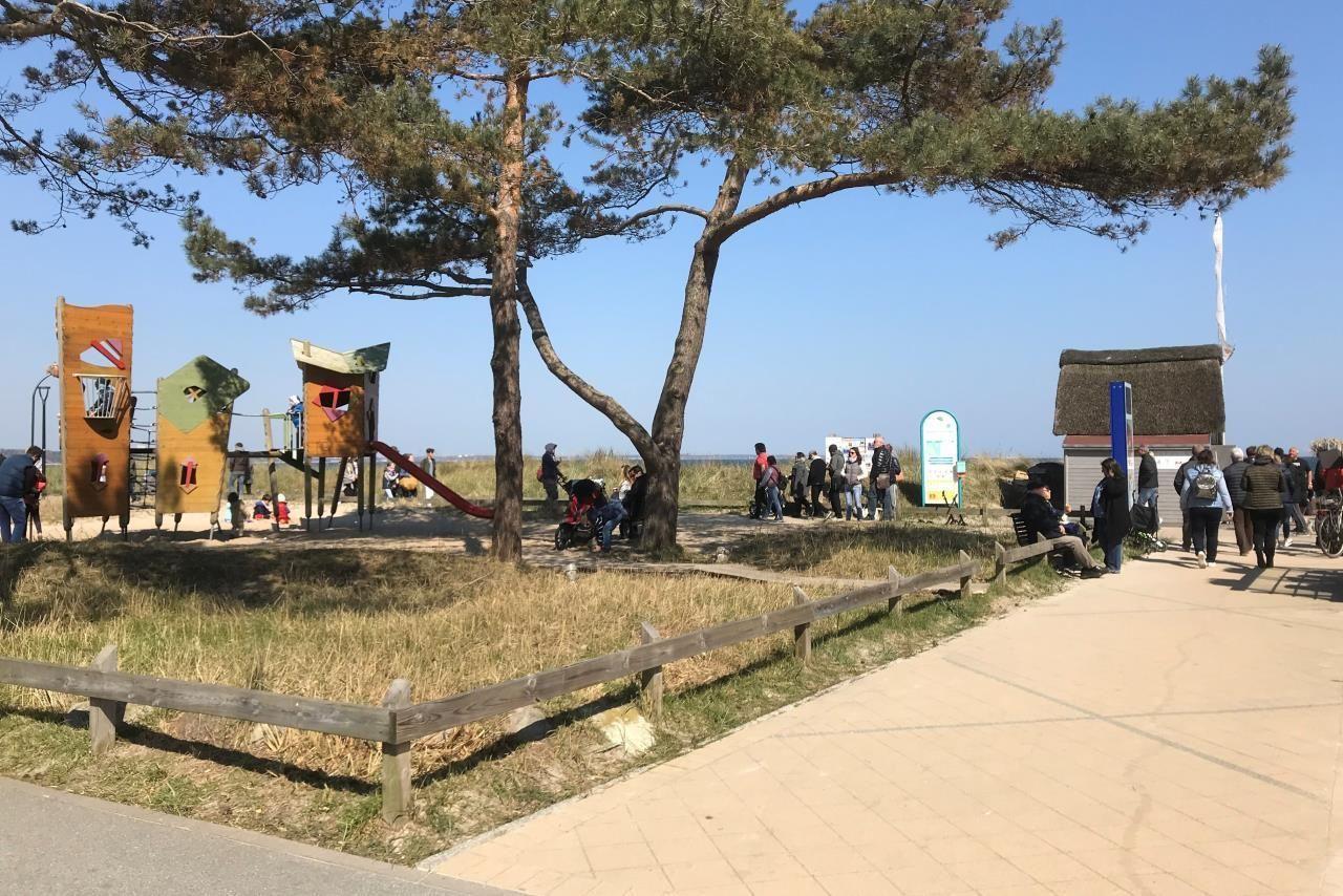 Strand mit Strandkörben, Dünen und Meer unter blauem Himmel.