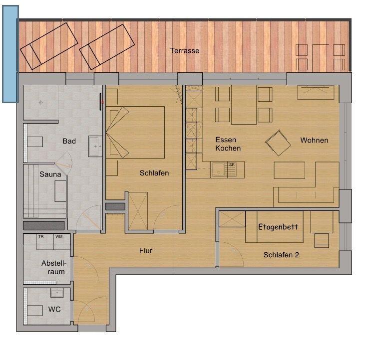 Moderne Wohnung mit Balkon und Glasfronten. Umgeben von Bäumen unter klarem Himmel.