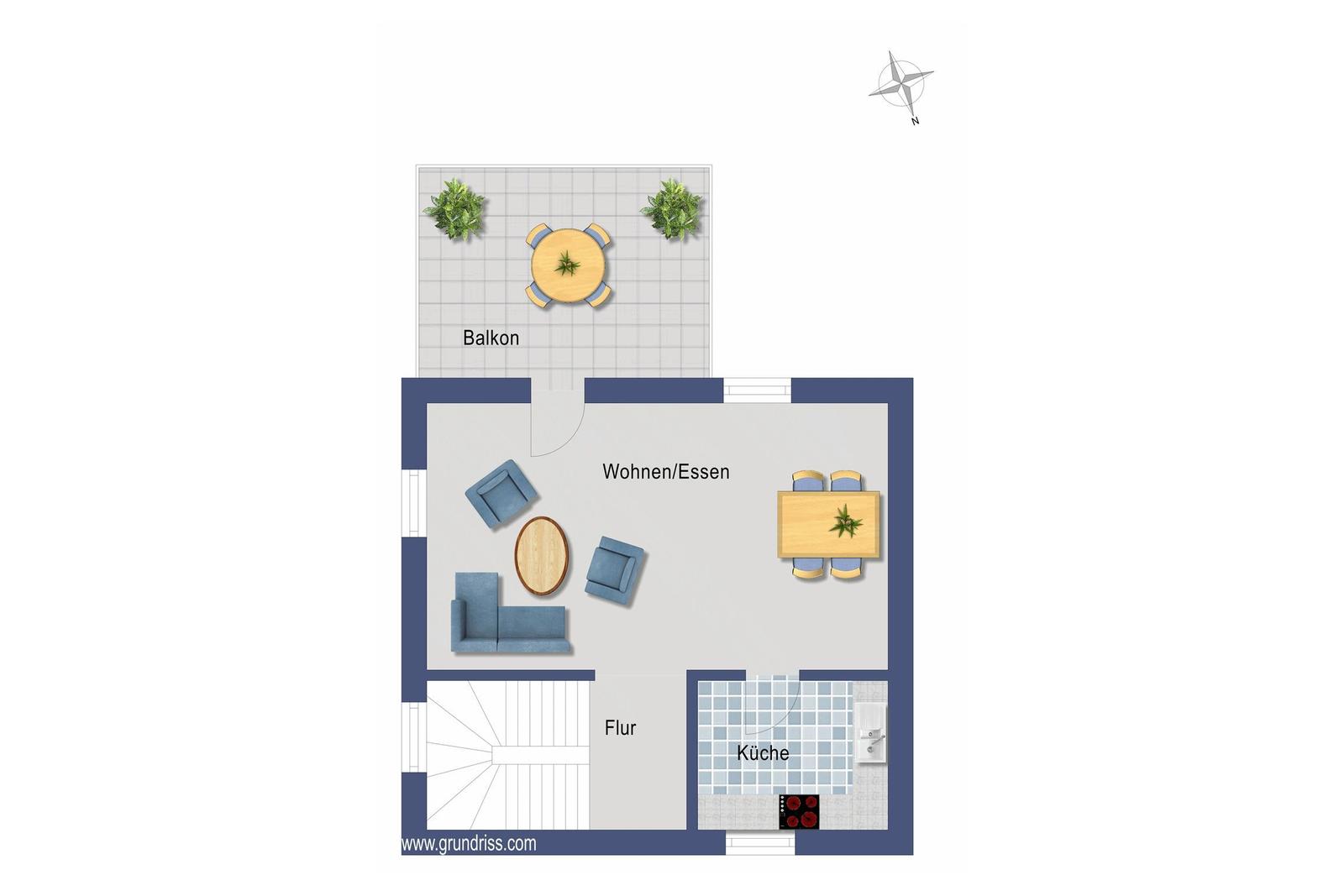 Zwei Schlafzimmer, ein Bad, eine Terrasse und ein Flur sind im Grundriss dargestellt.