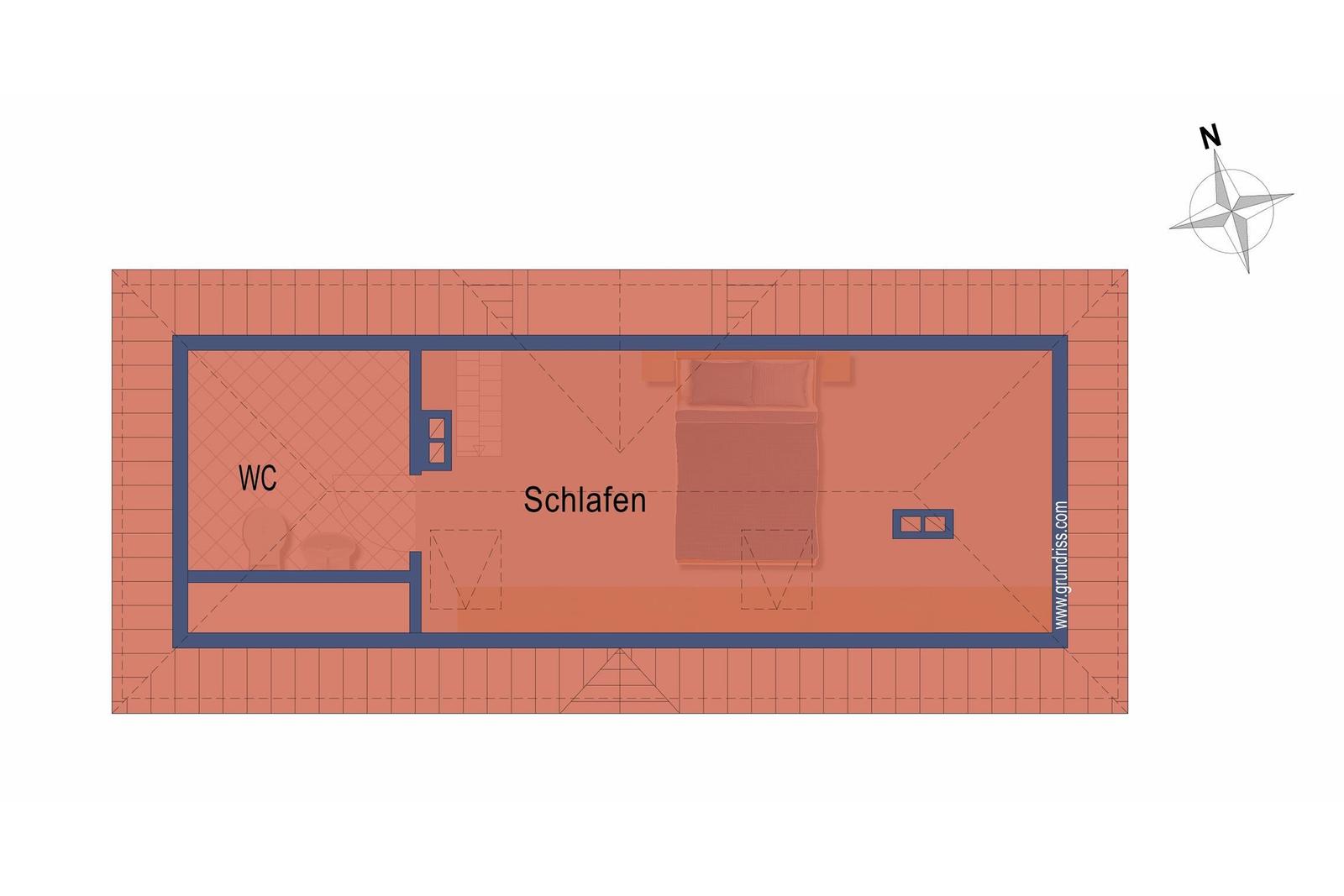 Apartment with living area, kitchen, bathroom, and veranda. Staircase to the accommodation.