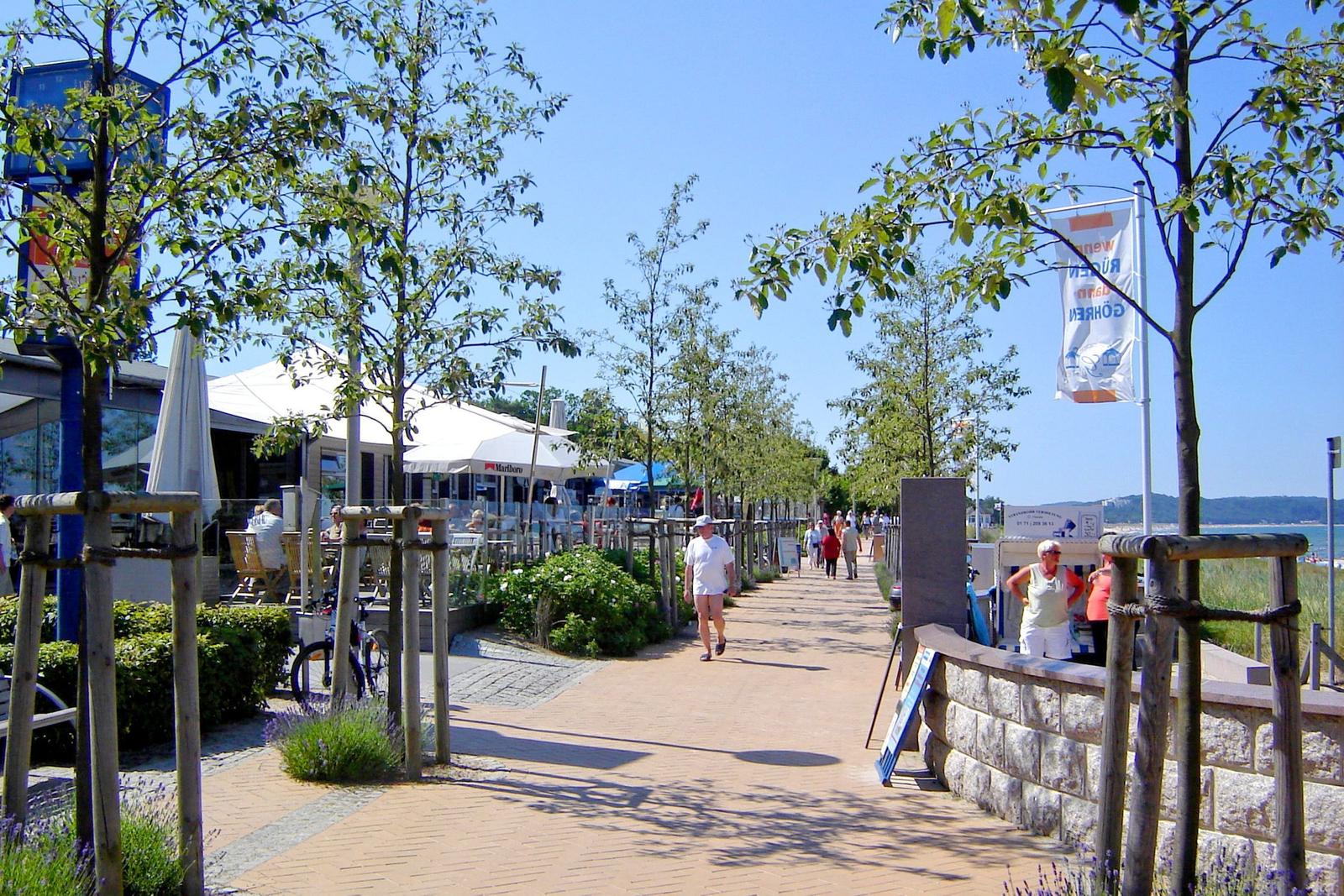 Segelboot mit weißen Segeln auf ruhigem Gewässer zwischen Gras und Bäumen.