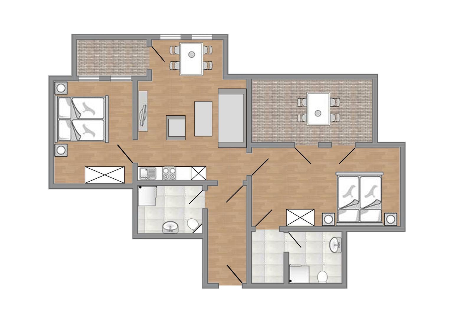 Schlafzimmer mit Bett, Kleiderschrank und Fenster. Holzboden und Wandfarbe.