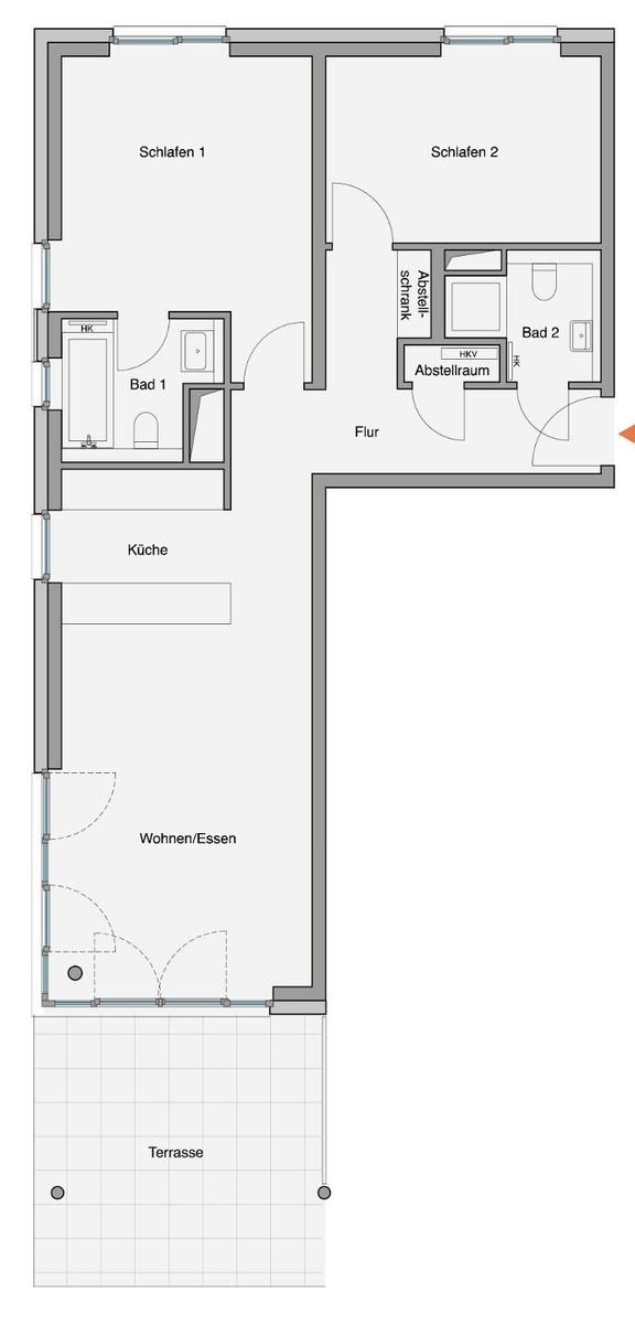 Ferienapartment in modernem Gebäudekomplex mit Blick auf Küstenlandschaft.