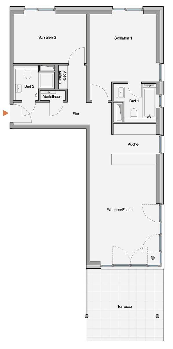 Ferienapartment in moderner Wohnanlage mit Blick auf Küstenlandschaft und Leuchtturm.