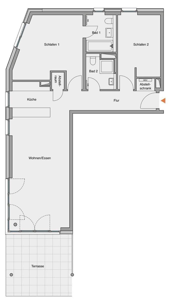 3-Schlafzimmer-Wohnung mit Küche, Bad und Terrasse