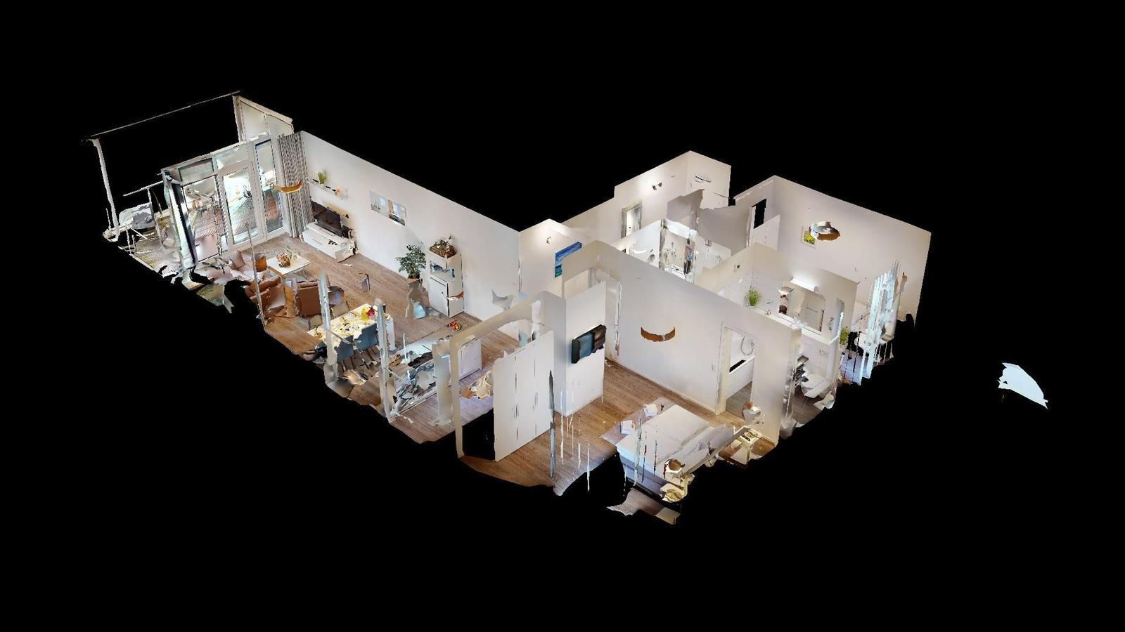 Zwei Schlafzimmer, zwei Bäder, Küche, Wohnbereich und Balkon. Flur und Abstellraum.