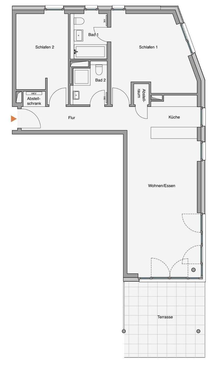 Ferienapartment in moderner Wohnanlage mit Blick auf Landschaft und Meer.