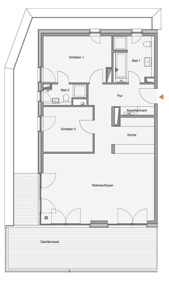Ferienapartment in modernem Gebäudekomplex mit Blick auf Küste und Landschaft.