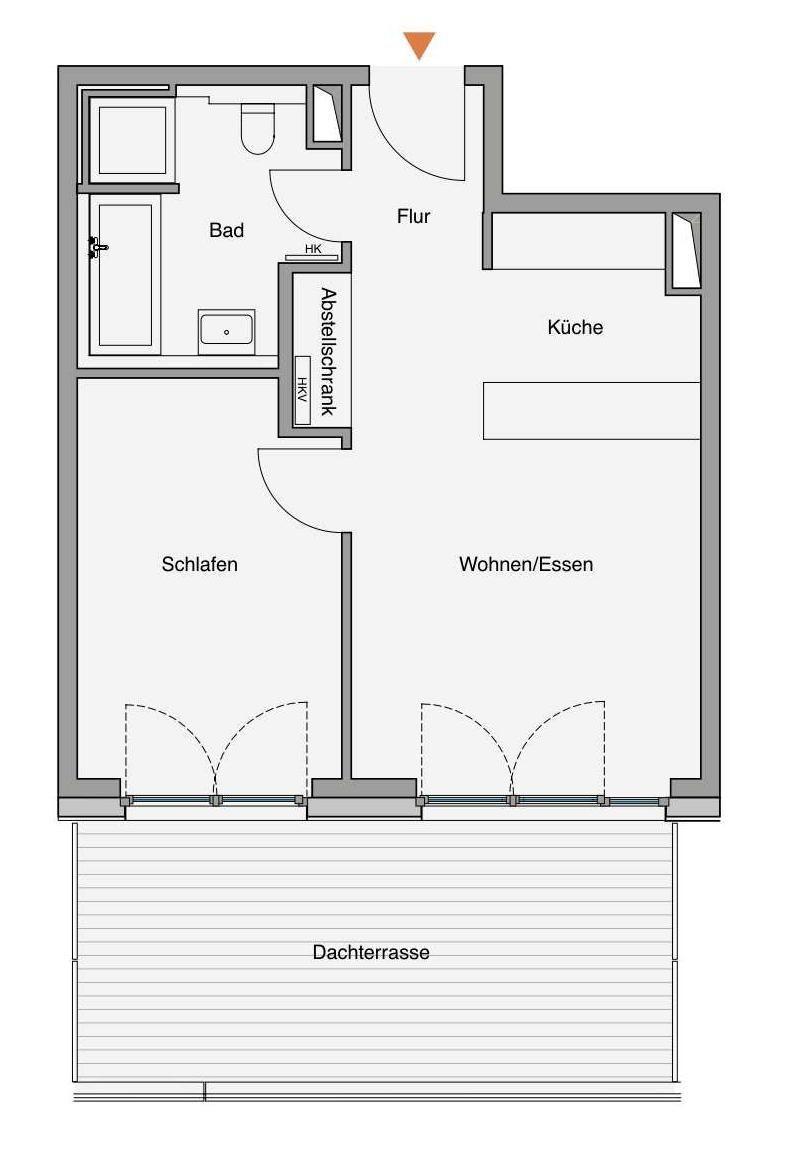 Ferienapartment in modernem Gebäudekomplex mit Blick auf Felder und Meer.
