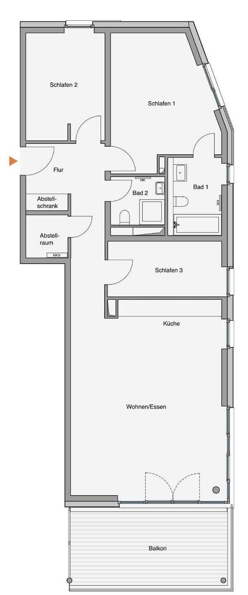 Ferienapartment in modernem Gebäudekomplex mit Blick auf Küstenlandschaft und Windkraftanlagen.