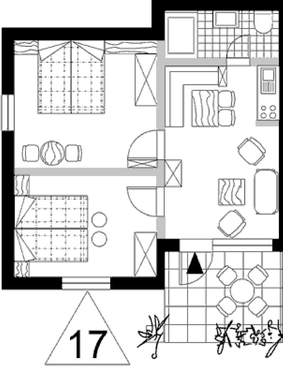 Haus mit Balkon und Garten, Blick auf Küstenstadt und Meer.