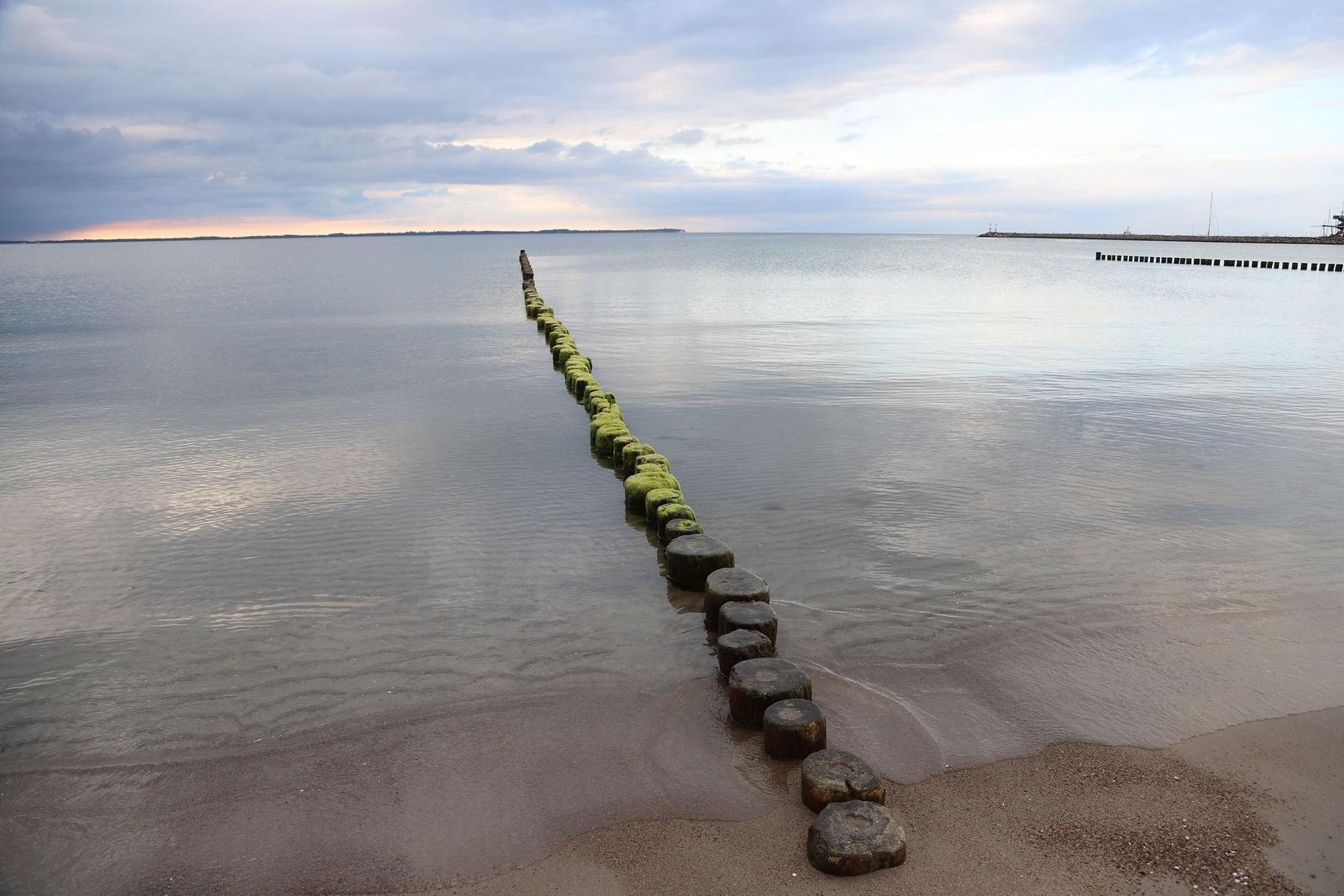 Steiniger Strand mit Klippen und Bäumen am Wasser.