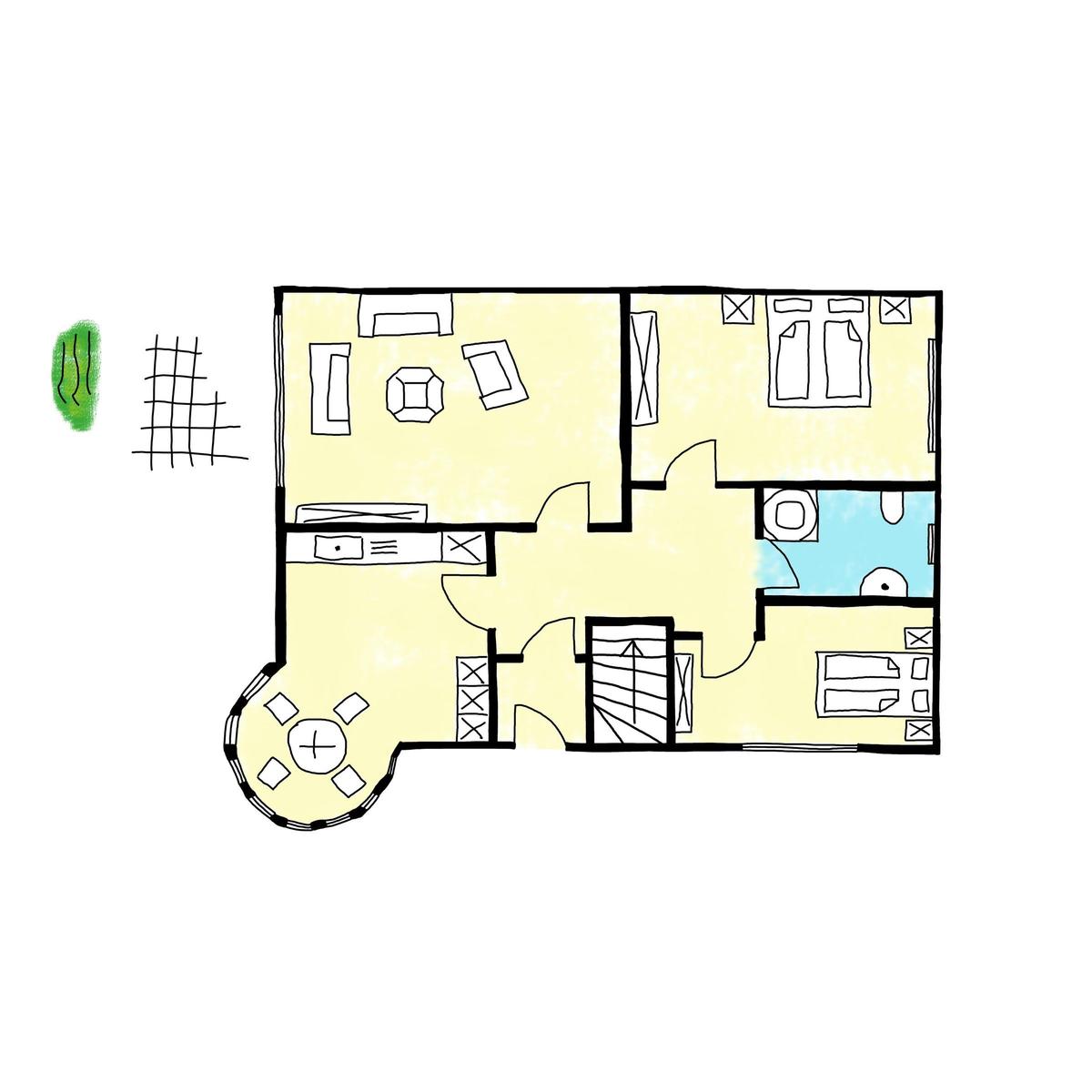 Schlafzimmer mit Bett, Fenster und Wandbild. Holzfußboden und Schrank.