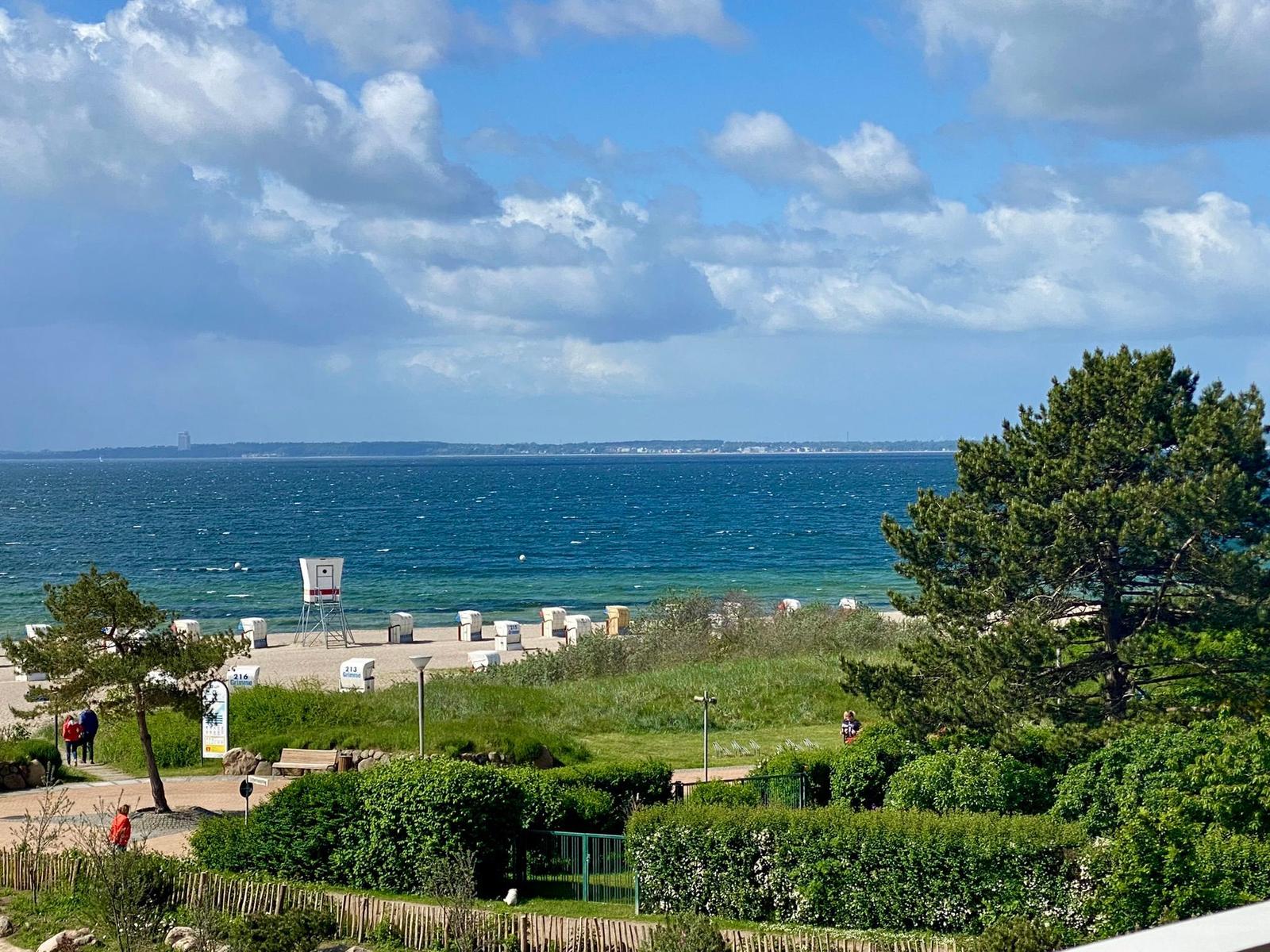 Terrasse mit Tisch, Stühlen und Blick ins Wohnzimmer.