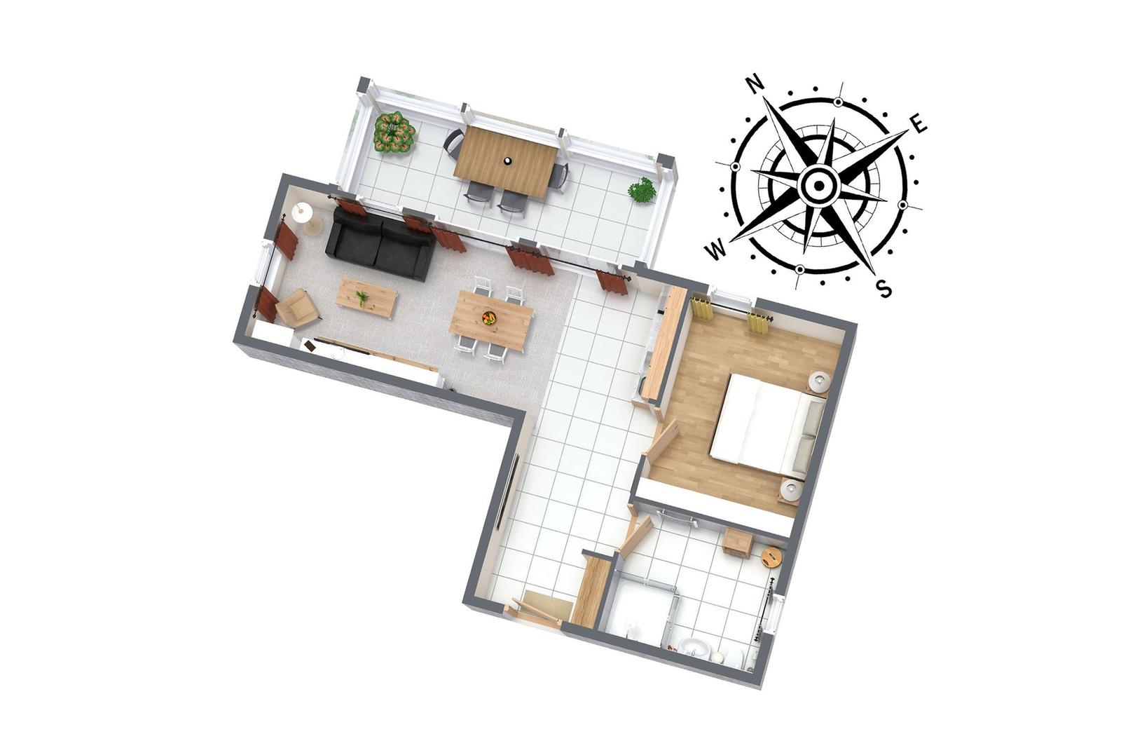 Haus mit Glasveranda und Terrasse, umgeben von Bäumen und Grünfläche.