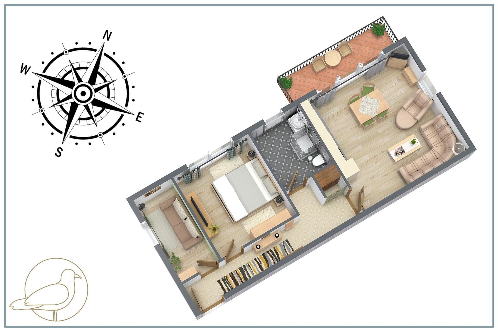Haus mit Balkon und Garten, umgeben von Bäumen und einem See.