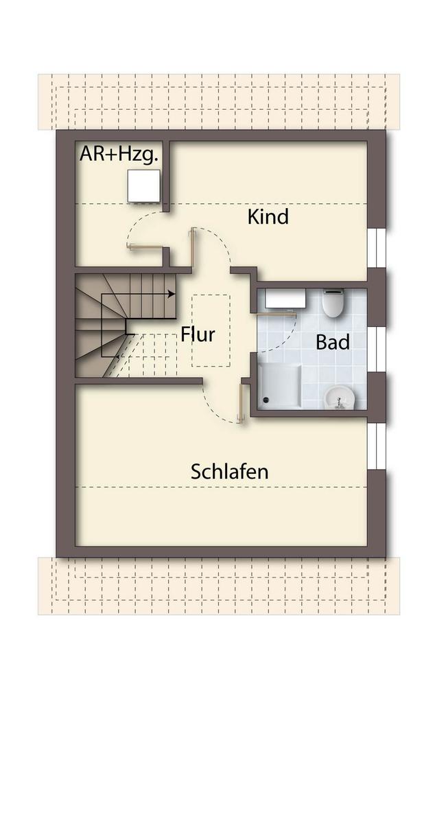 Wohnung mit Küche, Bad, WC, Wohnbereich und Terrasse. Treppenhaus zur oberen Etage.