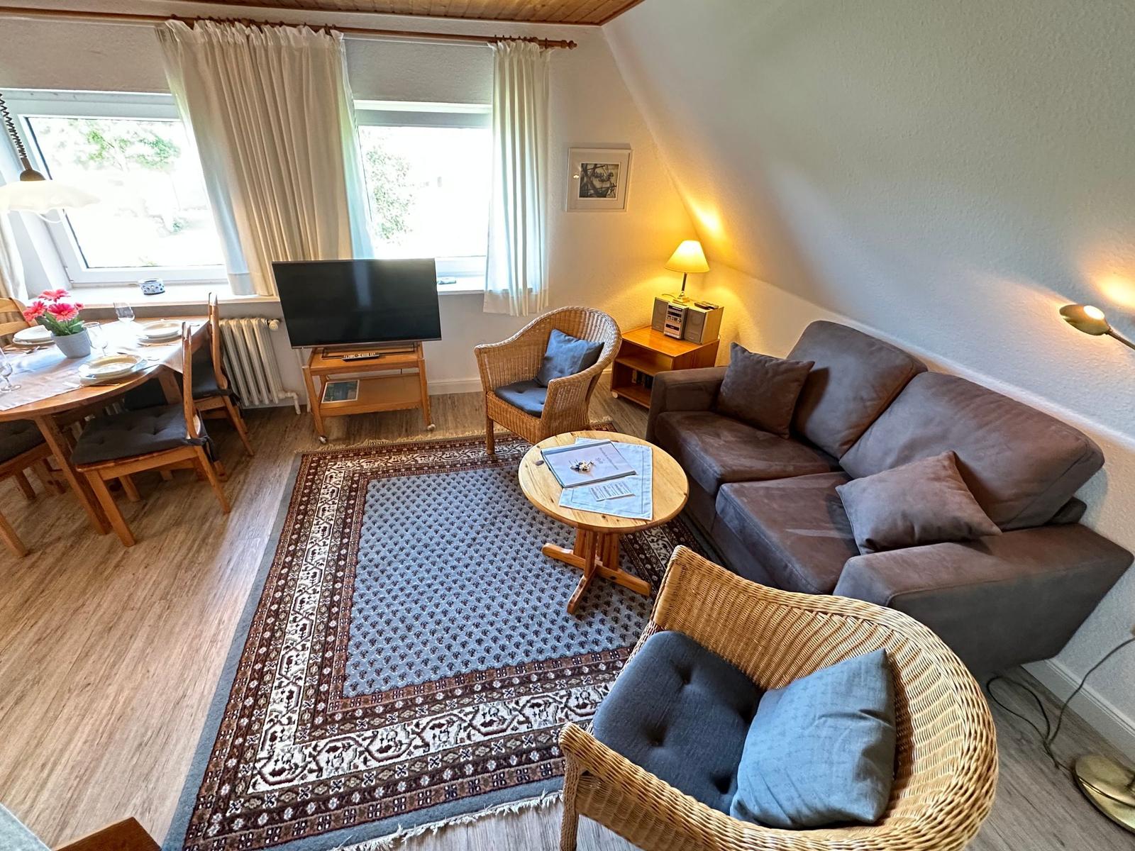 Wohn- und Essbereich mit Sofa, Esstisch und Fernseher unter Holzdecke.