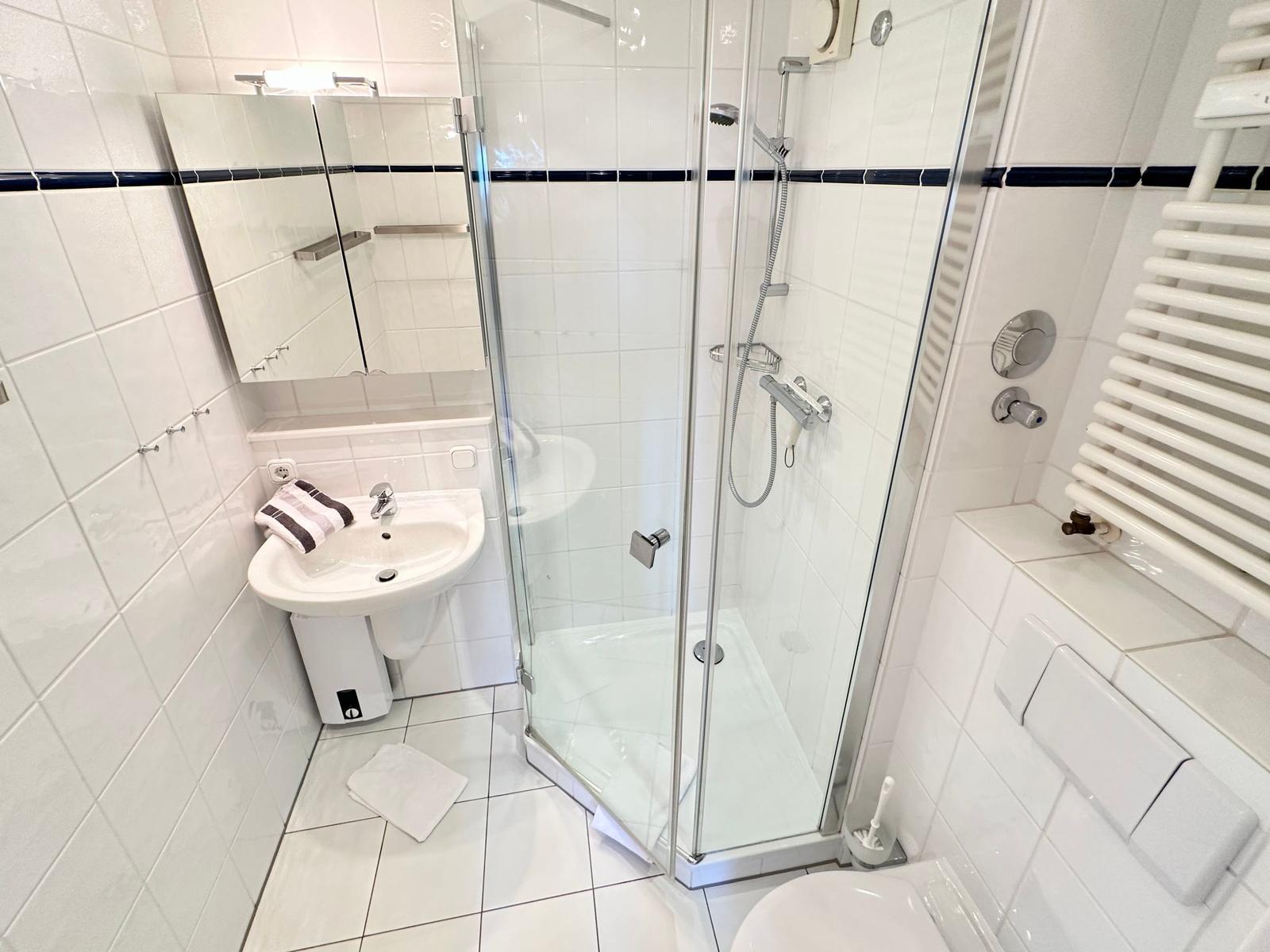 Eingangsbereich mit Blick in Wohn- und Schlafzimmer. Holzboden und weiß eingerichtet.