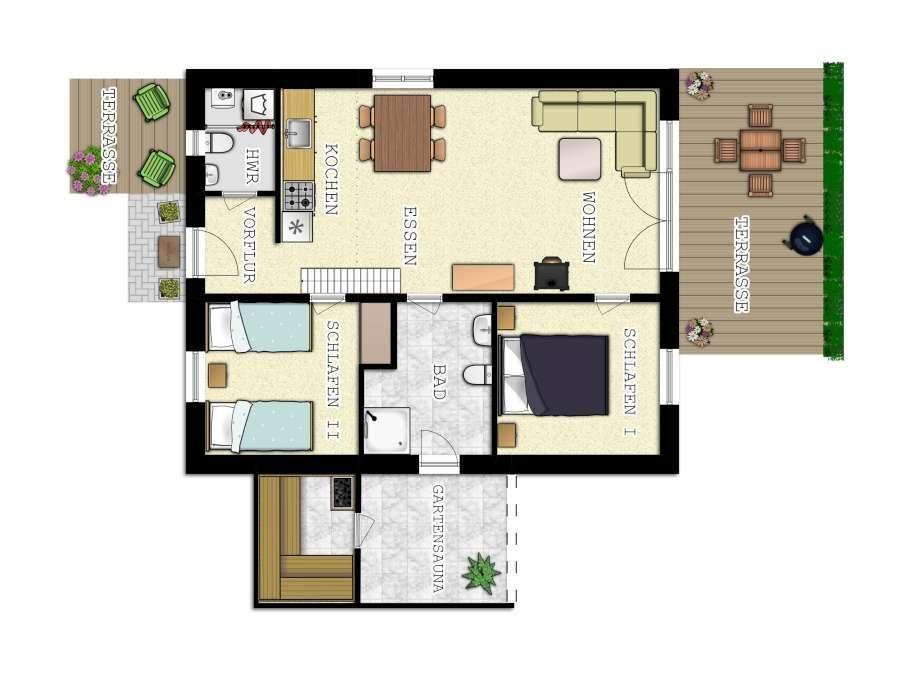 Wohnbereich mit Sofa, Esstisch und Holzboden. Kamin und Küche sind sichtbar.