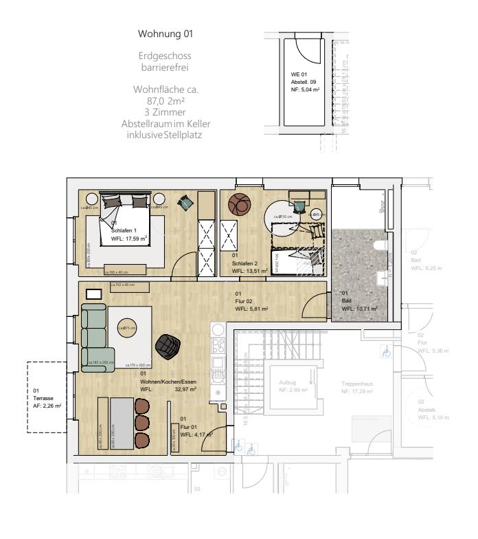 Schlafzimmer mit Bett, Schreibtisch und Balkon. Holzboden und weiße Wände.