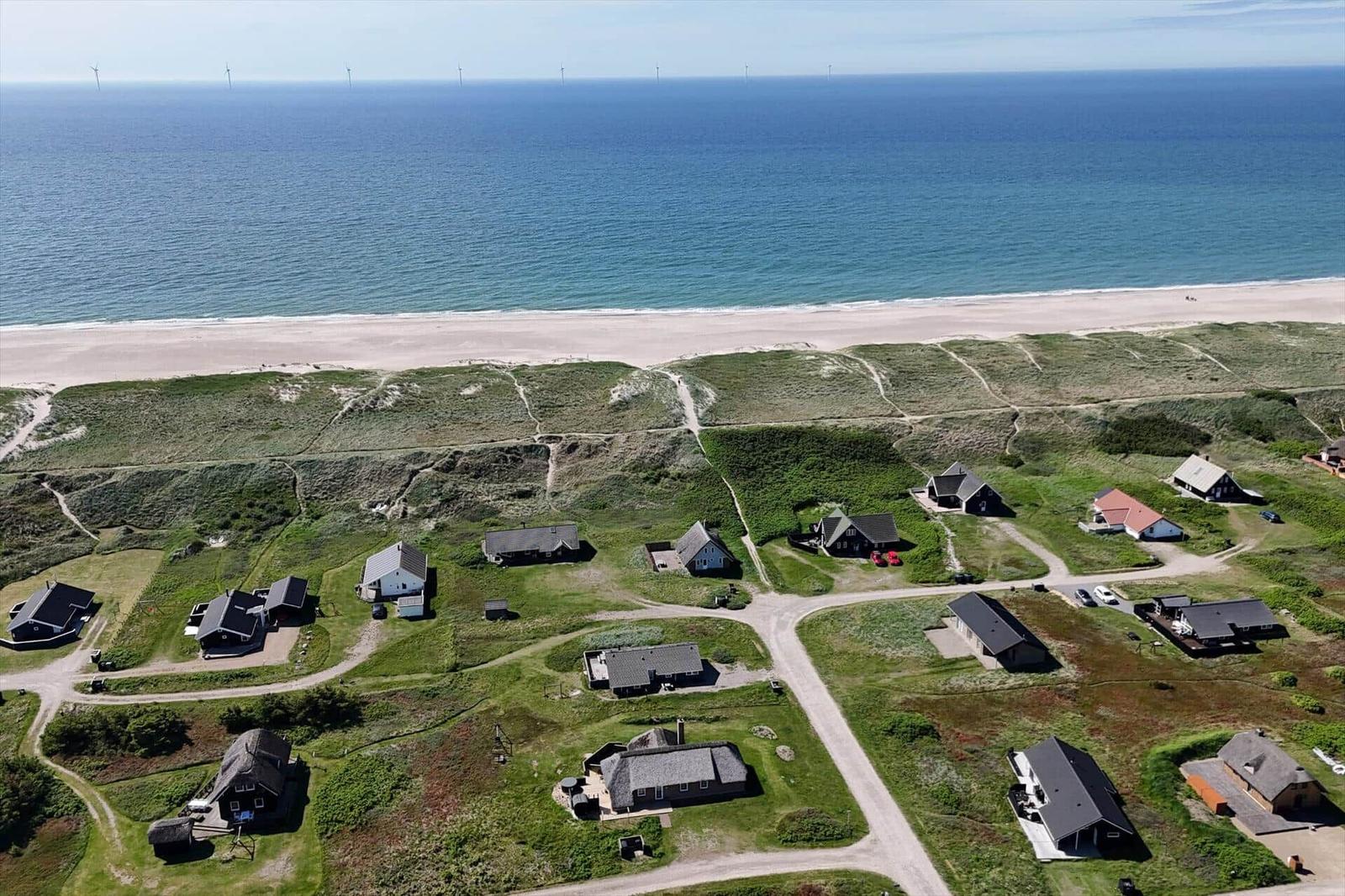 Aerial view of coastal houses on dunes near sea with wind turbines in distance.