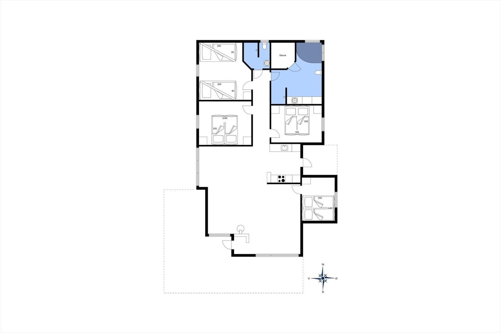 Dieses Apartment hat drei Schlafzimmer, eine Sauna und eine Küche.