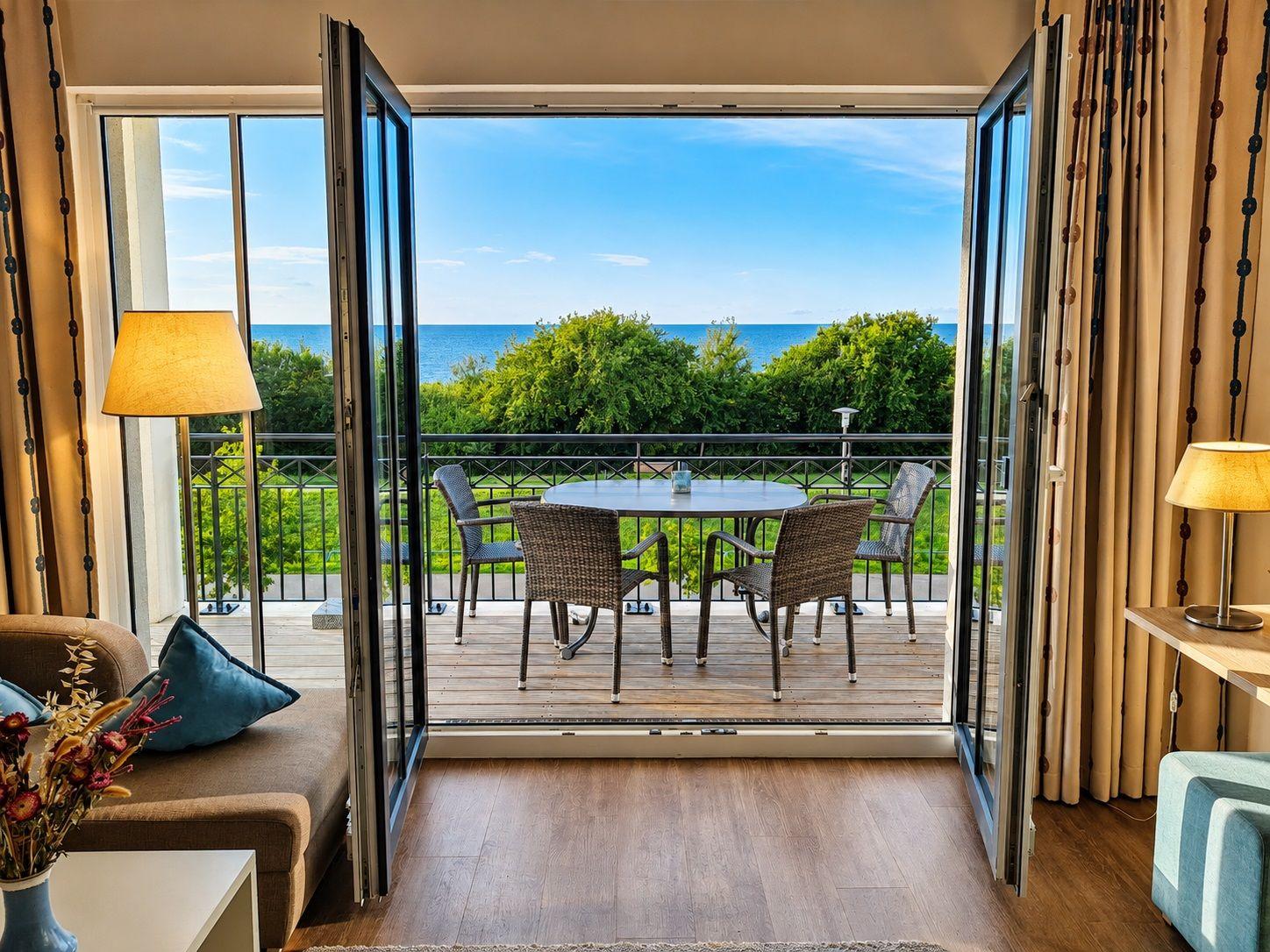 Wohnzimmer mit Sofa, Sessel und Balkonblick aufs Meer