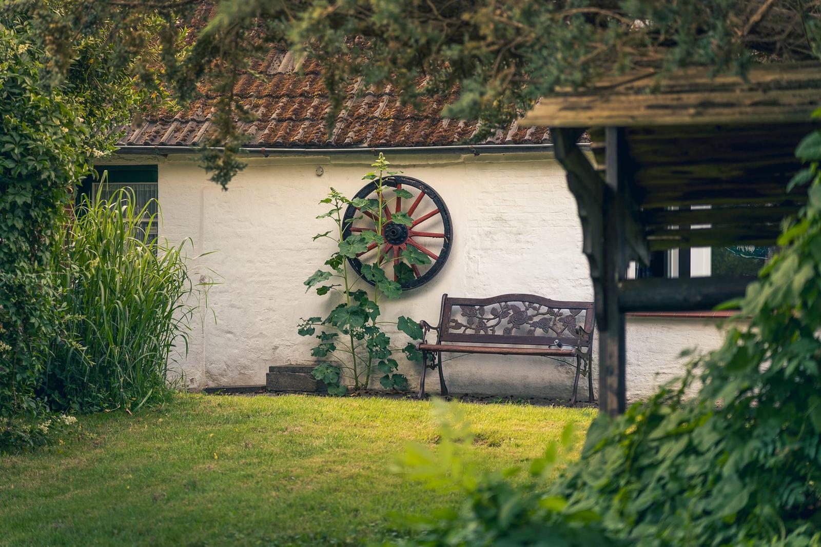 Haus mit großem Garten und Bäumen im Hintergrund.