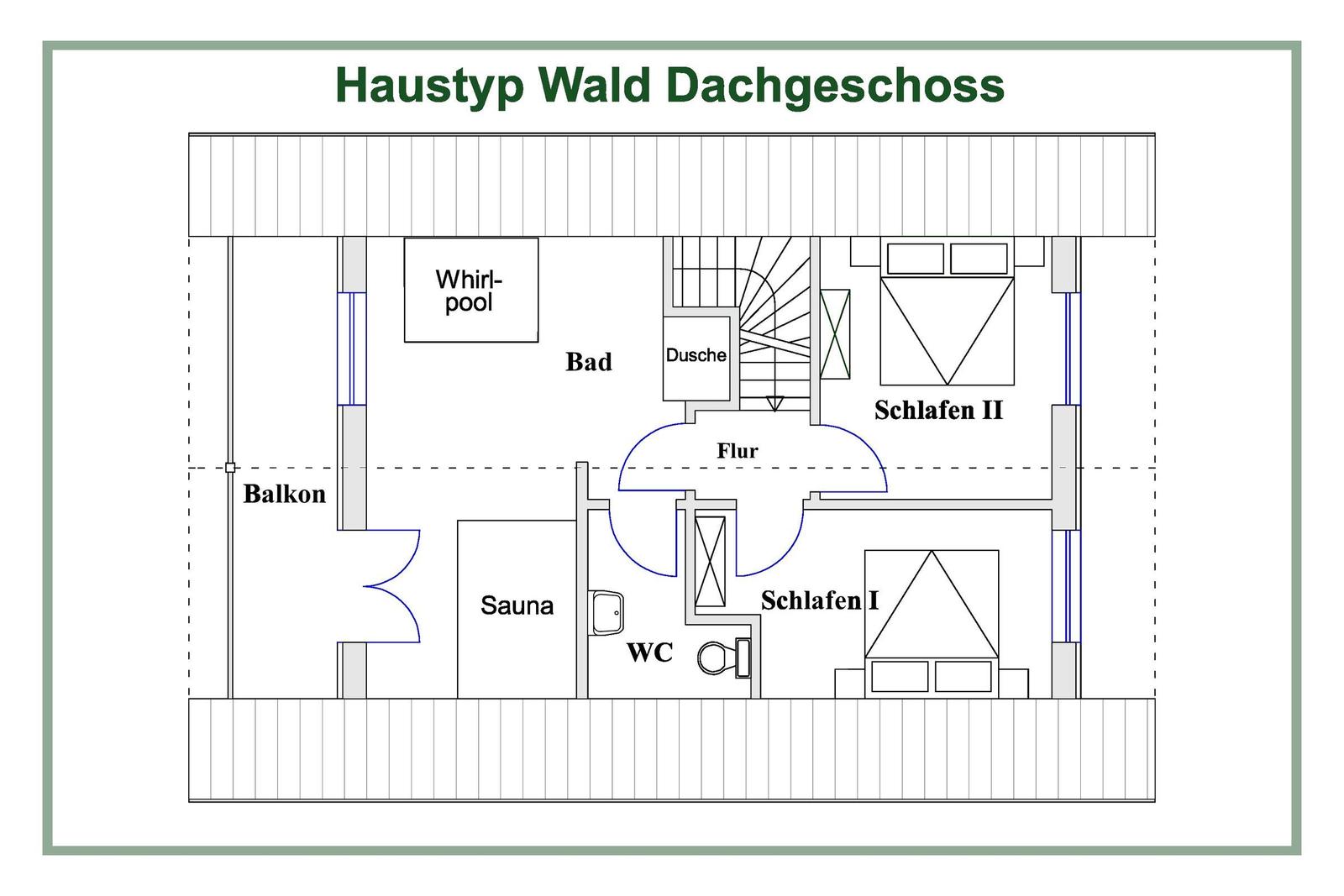 Erdgeschossplan mit Wohnküche, Schlafzimmer, Bad und Terrasse.