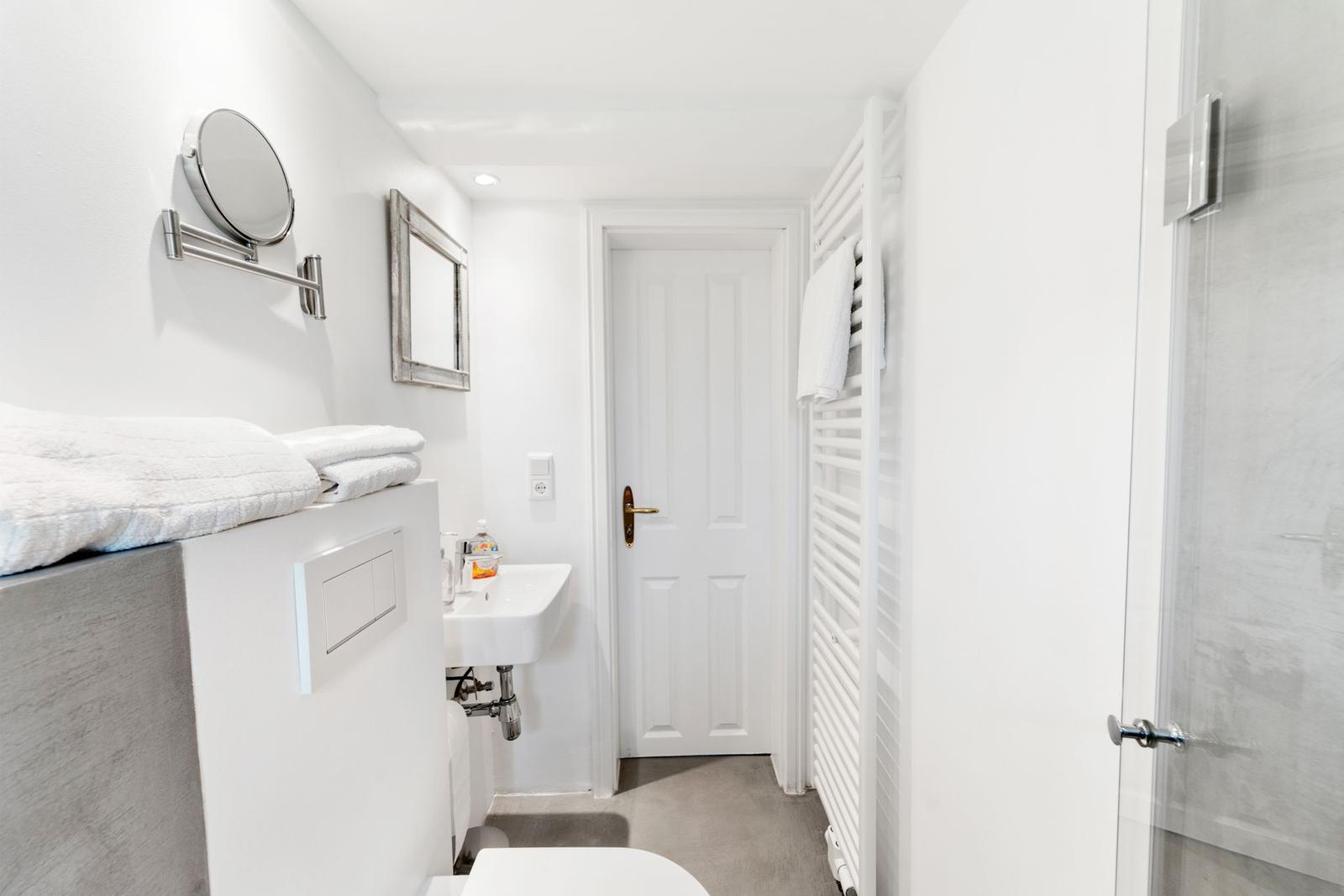 Dusche mit Glaswand, Fenster und Blumen. Handtuchhalter und Spiegel.