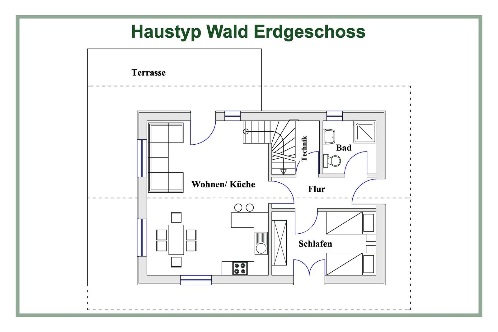 Plan des grünen Urlaubsdorfes mit Wohnhäusern, Spielplatz und Parkmöglichkeiten.