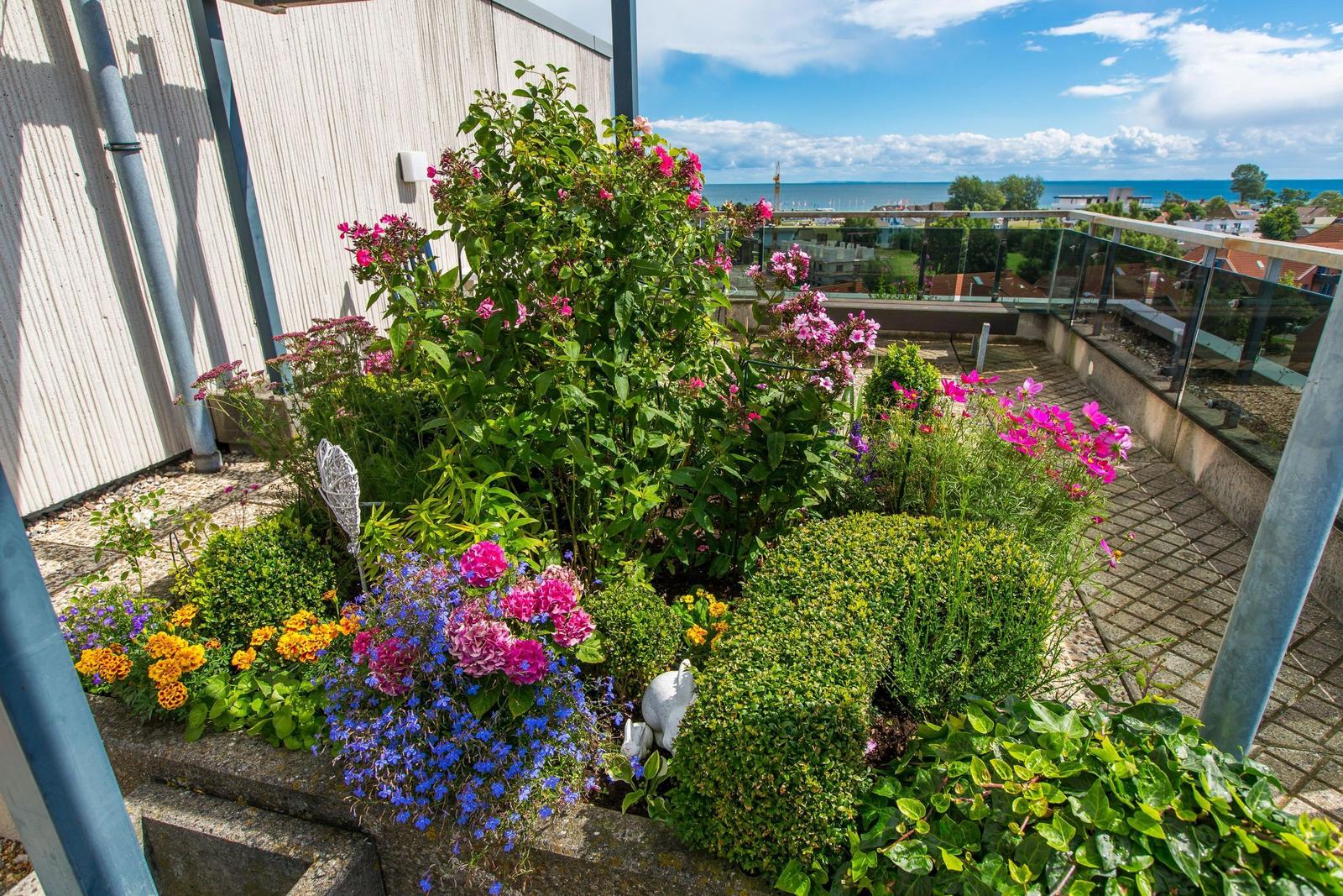 Rooftop-Garten mit Blumenbeeten und Blick auf die Stadt und das Meer.
