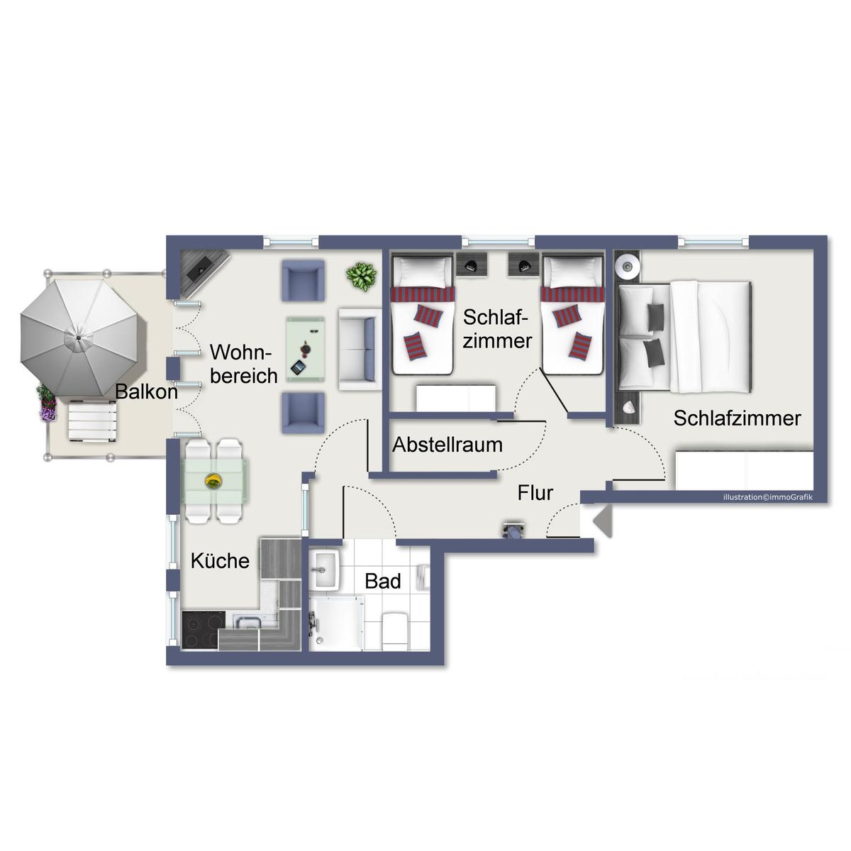 Haus mit Balkon, Garten und Parkplatz. Umgeben von Bäumen und gepflegtem Grün.