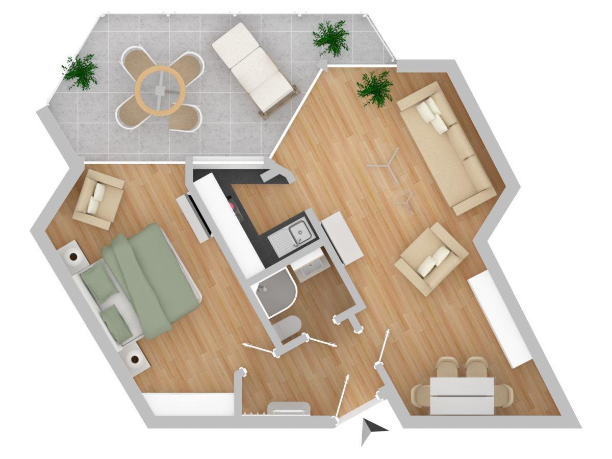 Wohnzimmer mit Sofa, Sessel, Tischen und Wandbildern.
