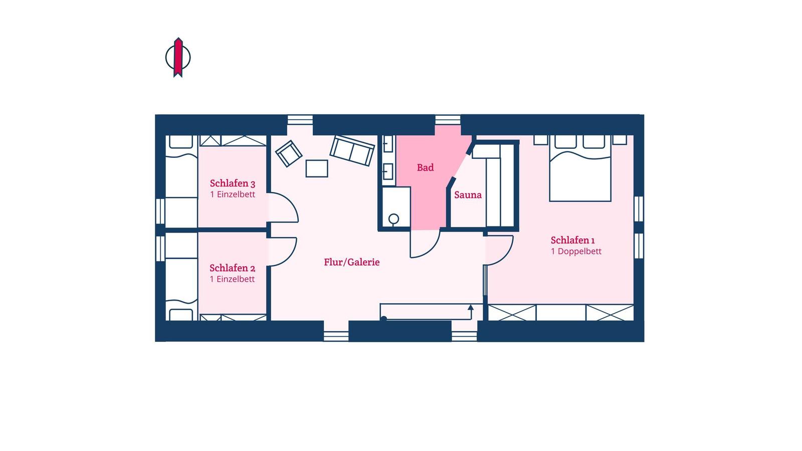Wohnung mit Küche, Bad, Schlafzimmer und Terrasse. Flur und Essbereich vorhanden.