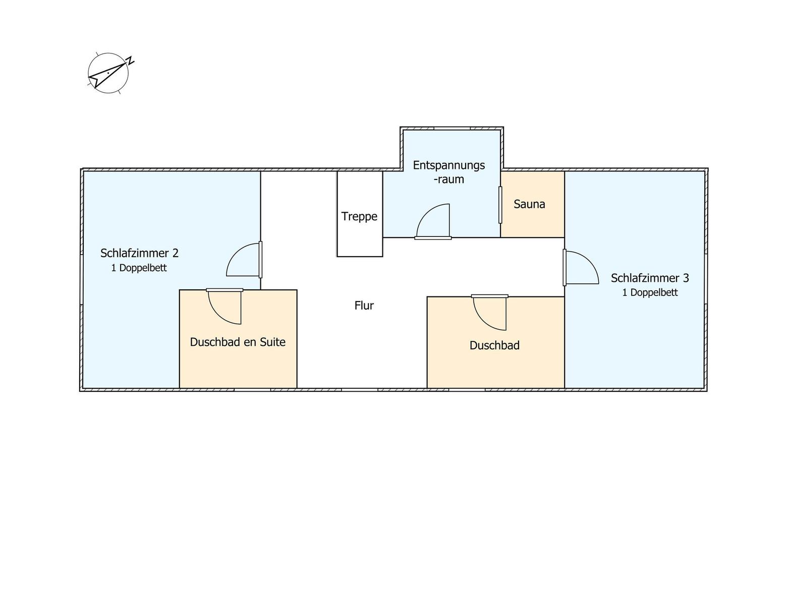 Wohn- und Essbereich, Küche, Schlafzimmer mit Duschbad, Terrasse und Gäste-WC.