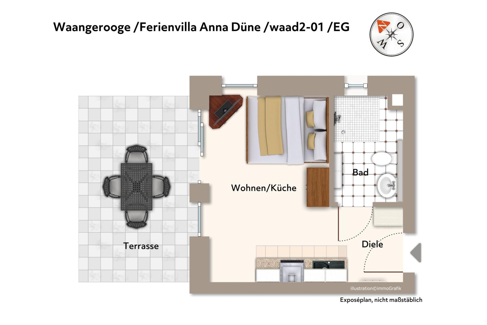 Living/kitchen with dining area, terrace, bathroom, and hallway.