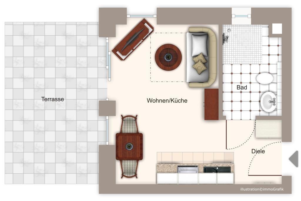 Living/kitchen, bedroom, bathroom, and terrace with table and chairs.