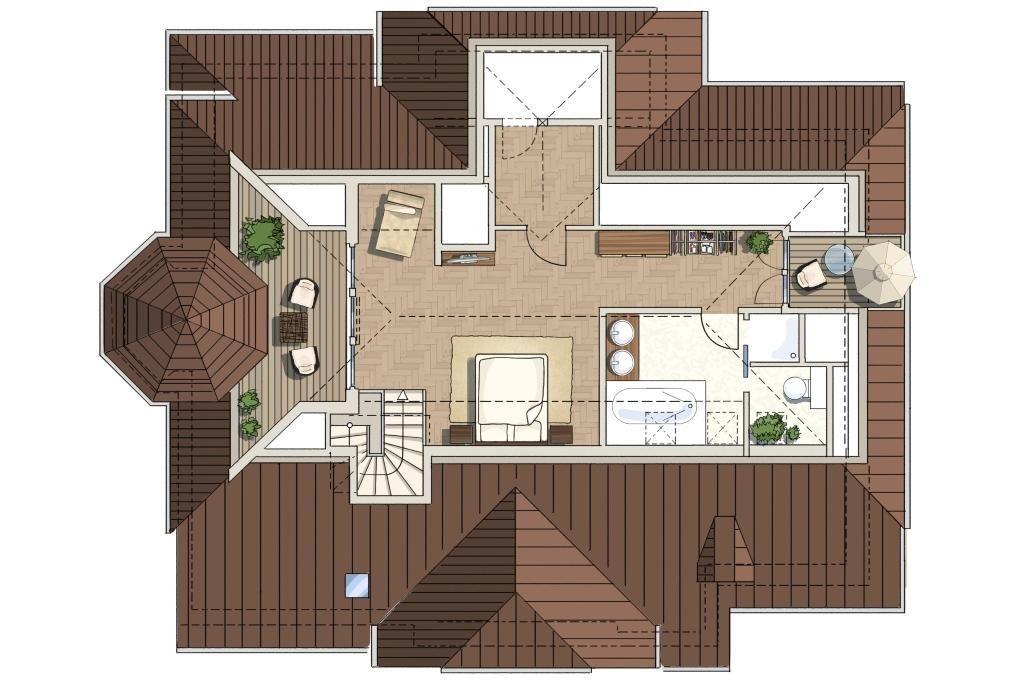 Haus mit Aufzug und Treppe mit weißen Geländern und Holzverkleidung.