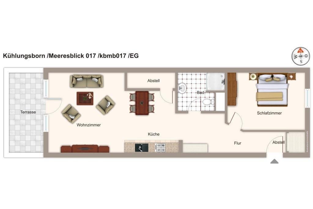Wohnzimmer mit Sofa, Sessel, Couchtisch und TV. Große Fenster mit Vorhängen.