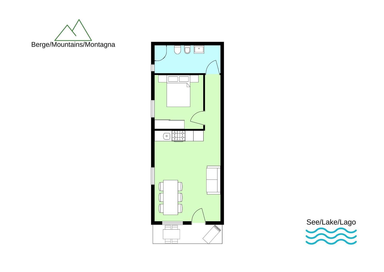 Yellow multi-family house with playground and pool in background. Mountain landscape under blue sky.