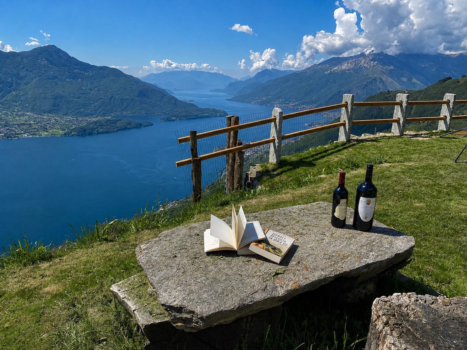 Sitzgruppe aus naturstein mit wunderbarer Sicht auf den See und die Berge