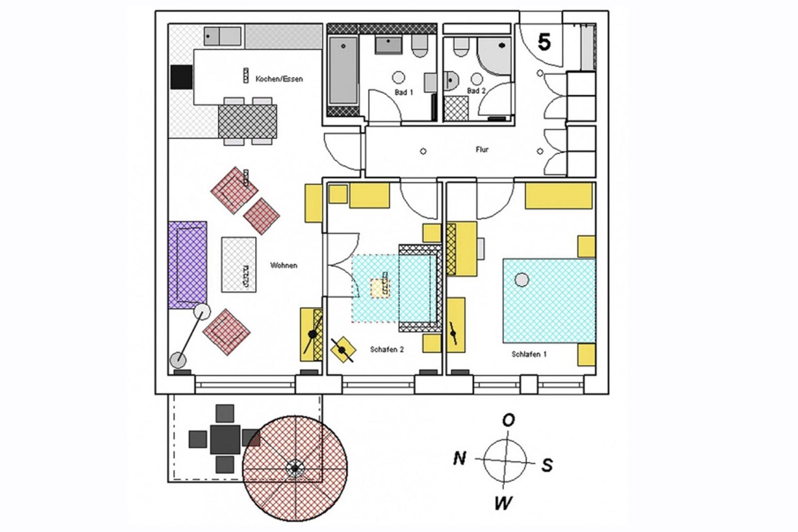 Wohnung mit Balkon in modernem Mehrfamilienhaus. Grünflächen und gepflasterte Wege.